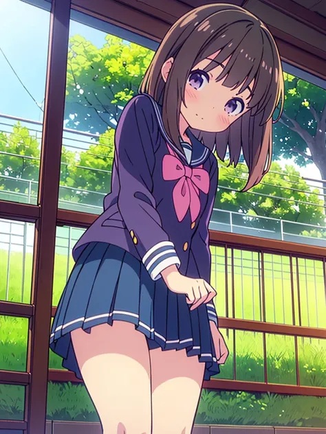 (High quality), (masterpiece), (very detailed), girl, (very small bust), short brown hair, purple eyes, shy face, (primary school loli), showing her thighs, on the school yard, sunny, camera angle from below, adorable eyes, (primar school uniform) NSFW 