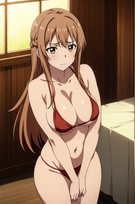 (Highest quality, Tabletop, High resolution, Anime Screen Capture, Anime Color, anime official art, Anime Poster), (Long, straight light brown hair:1.5), Yuuki as a costume, Embarrassed look:1.3, blush, (Huge saggy breasts:1.8, Cleavage), , Chest close-up,...