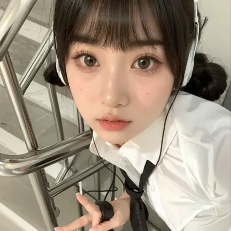 Black haired Korean girl with bangs. She wears headphones. Korean Ulzzang with updo hair and bangs. She wears a white shirt and a black uniform. Korean cute girl. He has pale skin and a soft face., with big eyes. Black-haired Ulzzang girl with bangs signs ...