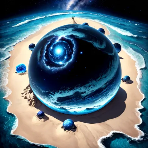 huge planet, the night, Starry sky, Surrealism, tabletop, high resolution、Impressive Milky Way:1.9、beach sand、Vast blue ocean、blue waves、Blue Glacier、lightning:1.9、Protoplanetas、neat beauty