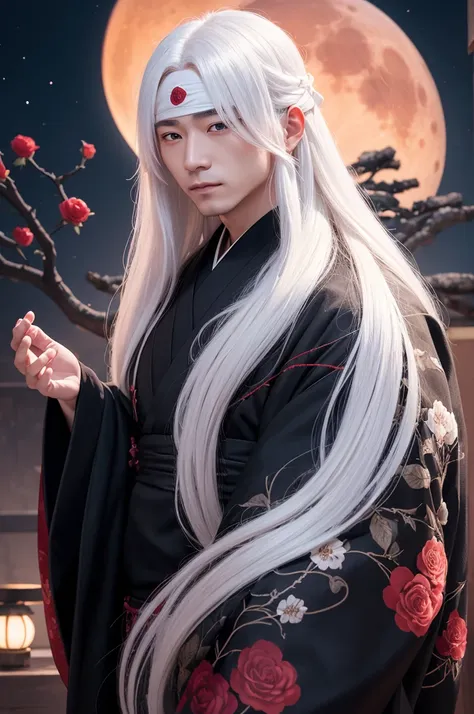 Create a person with very long white hair, with a black blindfold on his eyes he is wearing a black kimono with details of petolas and white roses, behind him is a bright blood moon.