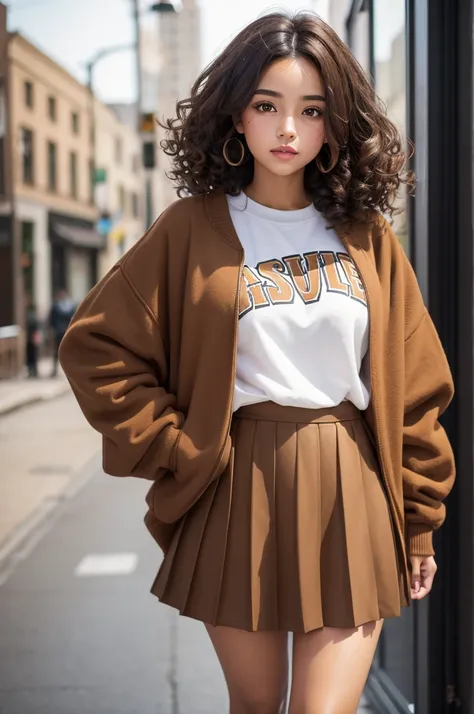 Curly brunette girl with brown eyes brown skin color oversized sweatshirt and pleated skirt 