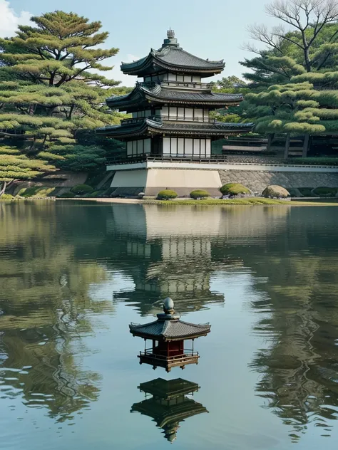 An imperial palace japanese facing the lake, The reflection hits the water. A place that reflects this in the glory days