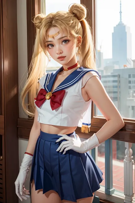 masterpiece, best quality, sailor moon,1girl, long hair,jewelry, sailor senshi uniform, blue sailor collar,blonde hair, red chok...