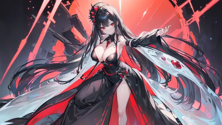 (Exquisite eyes),(Clear and beautiful eyes:1.61),masterpiece, 1 young girl,(Black clothes and some red gems), Black long hair, (She has a huge red gem on her chest), Good Hand,((The Havoc of StarCraft)),full-body shot,Fighting Stance,(Red Eyes:1.466)，short...