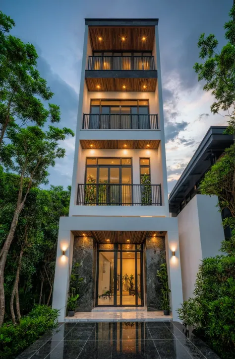 masterpiece, best quality, exterior design, (sunset), single 1 storie modern house on the Vietnam village, marble, steel, modern dark tiled granite and white walls facade, wooden ceiling, large glass, minimalist modern style, green shrubs and tropical tree...