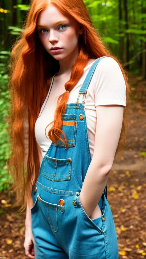 (Masterpiece artwork), still from film, (full body shot) of a beautiful and sexy young redhead, (long  hair), (face perfect), (detailed facial features), seductive look, (amazing body), (Wearing overalls) , standing, plein-air, humid, humid, fundo detailde...