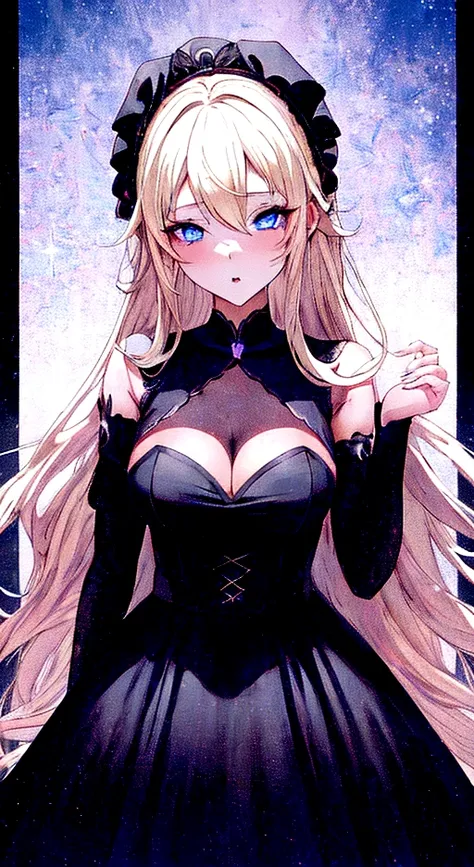 anime girl with blue eyes and a black dress posing for the camera, seductive anime girl,  in dress, , beautiful anime girl, beautiful anime woman, beautiful alluring anime woman, blonde anime girl with long hair, anime girl wearing a black dress, guweiz on...