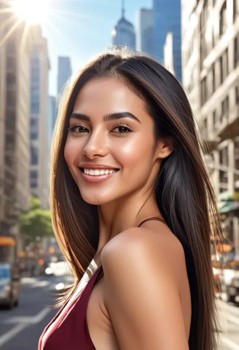 The face of a beautiful Latin woman smiling, her long straight hair cascading over her shoulders, with thick, expressive eyebrows and thin lips, her delicate skin shining in the sunlight, a bustling city with tall buildings in the background, capturing the...