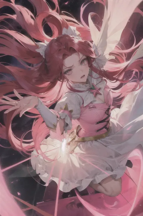 Two magical girls,manwha,big eyes,red hair,pink hair,magical gurl dress,fighting villains,fighting,top view,effects,very hugh qulity,dramatic lighting,