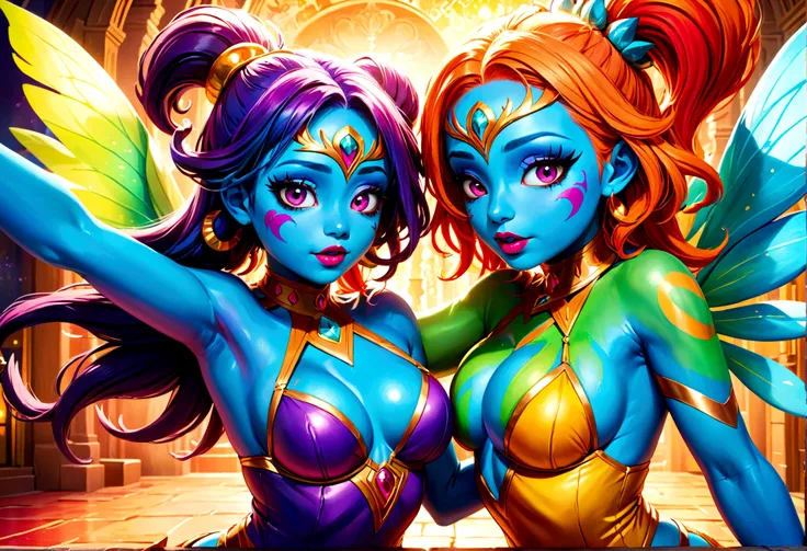 "(best quality, highres, ultra-detailed), 2 women, Desi, 40, average build, in colorful body paint,(playful, vibrant) jesters (costume is entirely body paint), wrestling for a crowd of rowdy aliens, in an(otherworldly) atmosphere,(fantastical, whimsical) o...