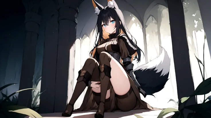 (1girl, Masterpiece, best quality) (detailed and beautiful eyes:1.6) (perfect hands, perfect anatomy) (full body)) (Mature) (Adult) Fox-girl Misaki has ((short black hair)), (Fox-ears). (She wears a black fantasy medieval adventurer armor) ((She has a **on...