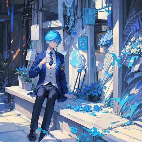 a cat man, short white and blue hair, wearing a black jacket and tie, sitting in the flower garden, bust upppp