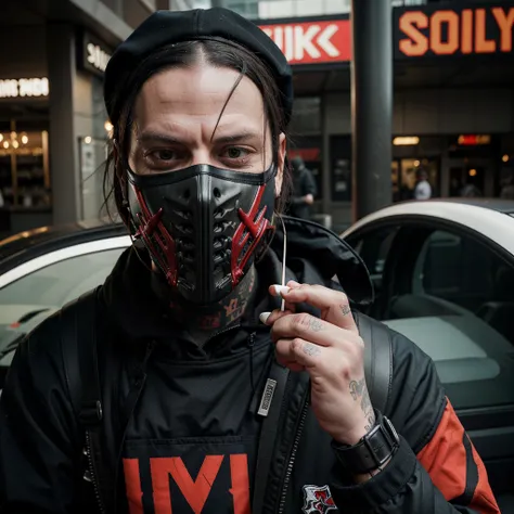 sid wilson from the slipknot band wearing hes iconic mask, holding cigarette, cybercity, alone, chill expression 