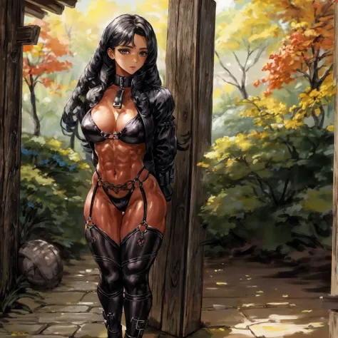 (Masterpiece, best quality, intricate details, 1sologirl) iron collar, arms behind back, iron cuffs, shackles, bound ((standing by wooden pole:1.2)) ((female Black Dark skin Gyaru)) show entire body frontal position, feet in view, realistic, gorgeous 16y.o...