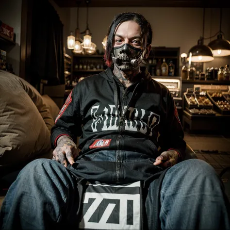 sid wilson from the slipknot band wearing hes iconic mask, holding cigarette, alone, chill expression 