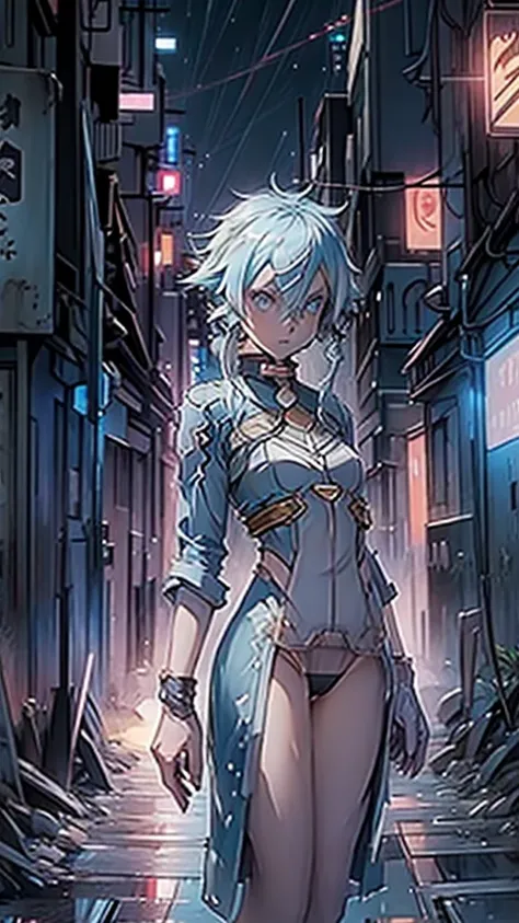 girl in the night city anime, sinon1, pale blue hair, looking at the camera and pose, there is elvyx text in the city, there is raining