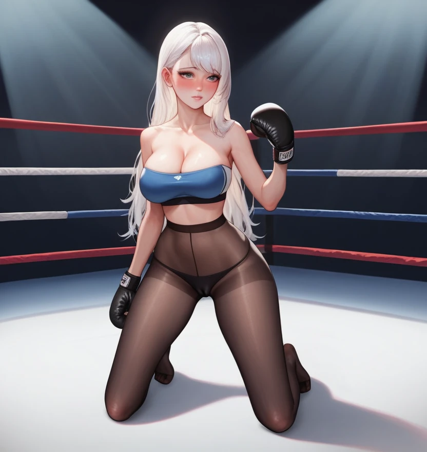 korean beautifull girl，18 years old,Pretty Face，Good shape，detailed picture, Shy expression， blush，White long hair, Wear a strapless sports bra, Wear black pantyhose, Wearing black boxing gloves，No shoes, Kneeling alone in the boxing ring，Large Breasts,Cle...