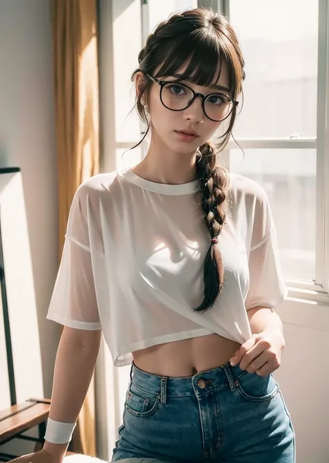 Hairy pubic hair((Highest quality、8K、masterpiece:1.3))((Perfect glowing skin,Perfect Skin))　Browsing Caution　Realistic　Bright room　White Room　White skin　Brown Hair　short hair　Braid　bangs　Wearing a shirt　Wearing glasses