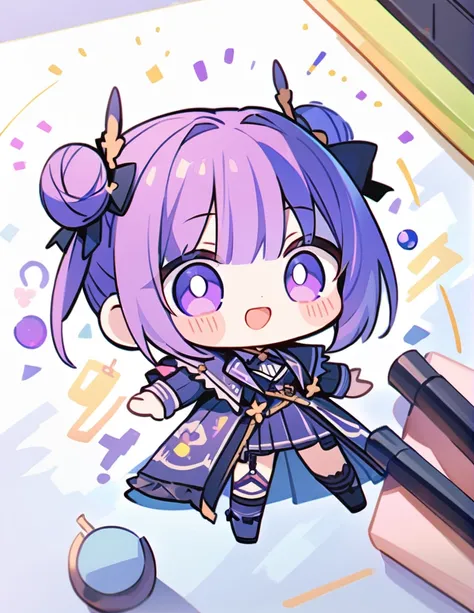 Very detailed、Very absurd、超High resolution, Attention to detail, high quality, High resolution, 最high quality, 4K, 8K,Clear drawing,deep violet hair color,hair bun,blunt bangs,jamping,chibi,cute girl
,chibi,chibi character