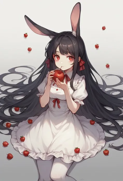 1girl,animal ears,apple,black hair,cherry,dress,food,fruit,gradient,gradient background,grey background,holding food,holding fruit,long hair,pantyhose,rabbit ears,red apple,solo,strawberry,very long hair,white legwear