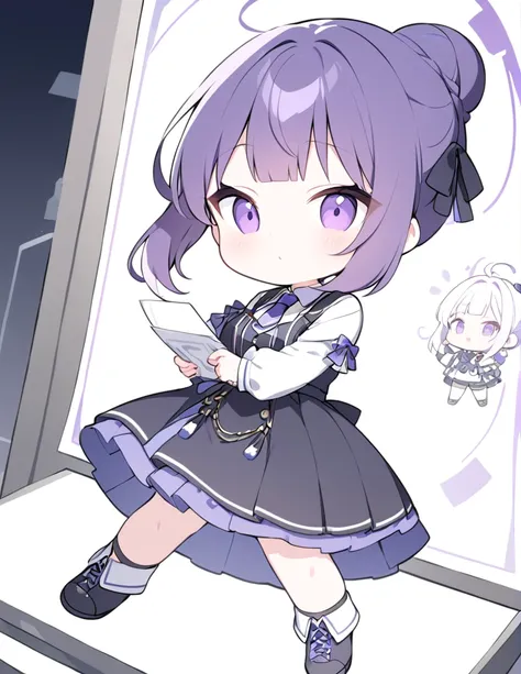 Very detailed、Very absurd、超High resolution, Attention to detail, high quality, High resolution, 最high quality, 4K, 8K,Clear drawing,deep violet hair color,hair bun,blunt bangs,jamping,chibi,cute girl
,chibi,chibi character