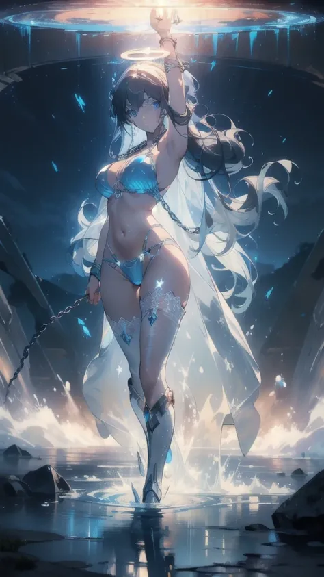 ((masterpiece, best quality)), Epic battlefield atmosphere，Delicate face，goddess，Plush，Halo，whole body，Standing picture，glowing blue eyes，Large Breasts，Gradient white long wavy hair，Perfect body proportions，Pure white background，firefly，Water Ripples，Lace，...