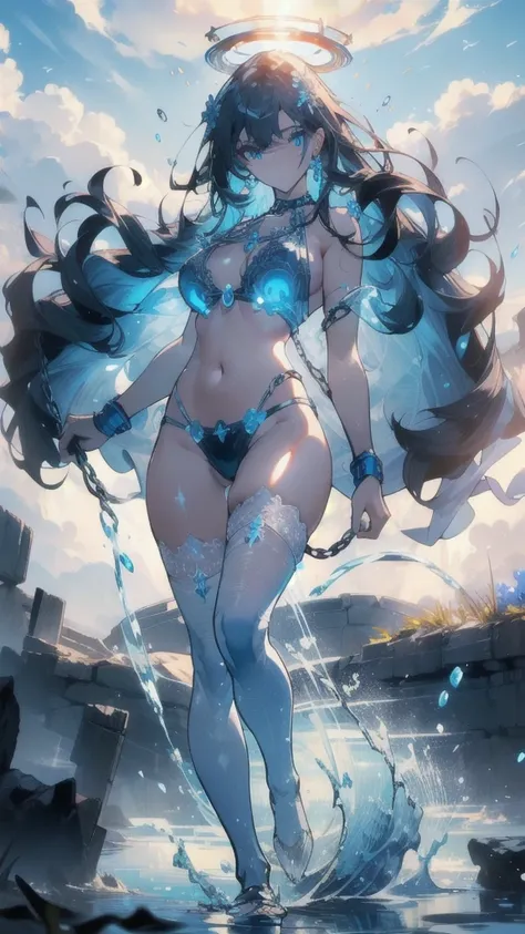 ((masterpiece, best quality)), Epic battlefield atmosphere，Delicate face，goddess，Plush，Halo，whole body，Standing picture，glowing blue eyes，Large Breasts，Gradient white long wavy hair，Perfect body proportions，Pure white background，firefly，Water Ripples，Lace，...