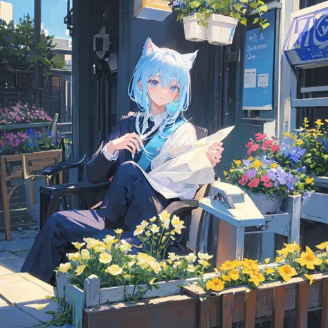 a cat man, short white and blue hair, wearing a black jacket and tie, sitting in the flower garden, bust upppp