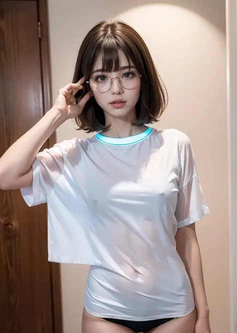 Hairy pubic hair((Highest quality、8K、masterpiece:1.3))((Perfect glowing skin,Perfect Skin))　Browsing Caution　Realistic　Bright room　White Room　White skin　Brown Hair　short hair　Wavy Hair　bangs　Wearing a shirt　Wearing glasses