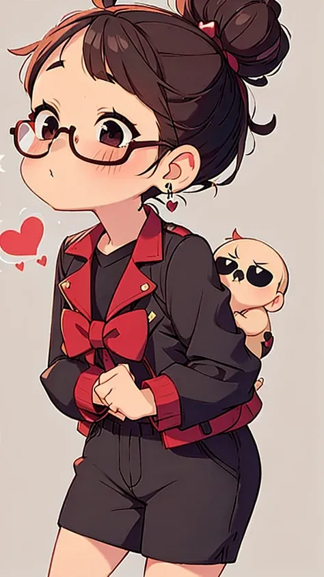 a lady with black hair, glasses, a skull, makeup and a red bow, solo, heart, 1girl, glasses, earrings, jewelry