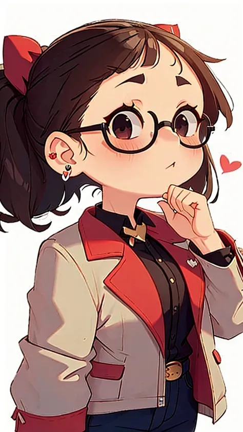 a lady with black hair, glasses, a skull, makeup and a red bow, solo, heart, 1girl, glasses, earrings, jewelry