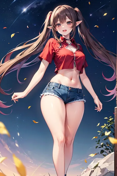 realistic image, coherent image, detailed image, 1 beautiful elf. She has brown hair, long hair with two pigtails. Scarlet eyes, long eyelashes. Her face is oval and delicate. smiling with open mouth. She is wearing a traditional red shirt, with a tangerin...