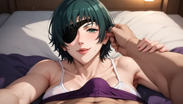 himeno, himeno(Chainsaw Man), 1girl 1boy, mature female, mature, Adult, black hair, short hair, eyepatch, POV, purple briefs, erection, foreplay, Lying down, Scratching briefs with fingernails, White spots on briefs, seductive smile, sweat, Villains, Dark ...