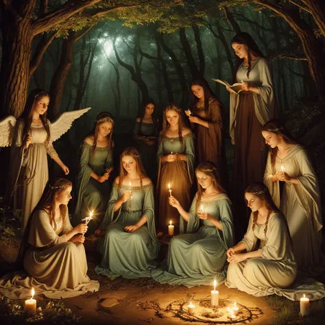 a group of women sitting in a circle surrounded by angels in the woods with candles around them and a candle lit area, Anne Stokes, fantasy art, divinity, a storybook illustration