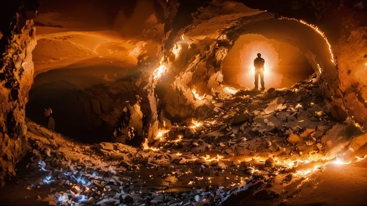 super realistic and perfection in photography. a man looking at the reflection of the shadow on the cave wall (cave myth). the phrase is "ELTON DOES NOT COOPERATE". the fire reflects on the wall the remains of the sentence that the assistants are supportin...