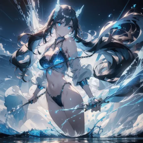 ((masterpiece, best quality)), Epic battlefield atmosphere，Delicate face，goddess，Plush，whole body，Standing picture，glowing blue eyes，Large Breasts，Gradient white long wavy hair，Perfect body proportions，Pure white background，firefly，Water Ripples，Lace，Trans...