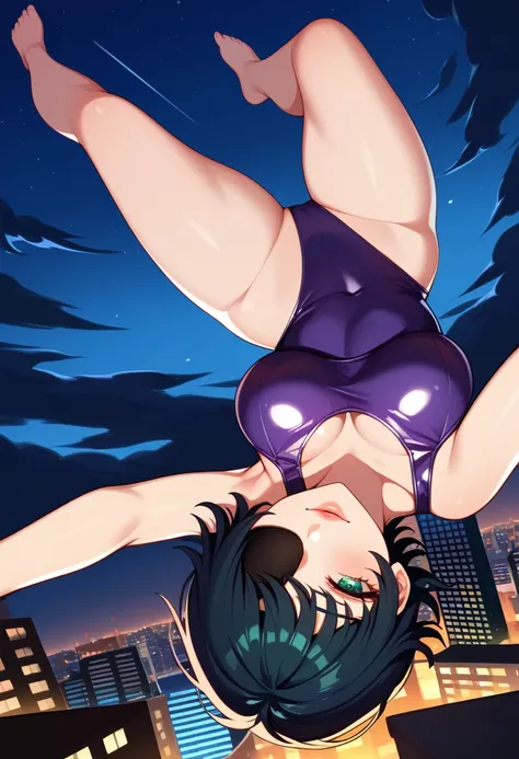 mature female, mature, Adult, himeno, himeno(Chainsaw Man), 1girl, black hair, short hair, eyepatch, Himeno(Chainsaw Man), solo, seductive smile, Villains, latex purple leotard, purple lips, back shot, from front, handstand, upside-down face, dramatic angl...