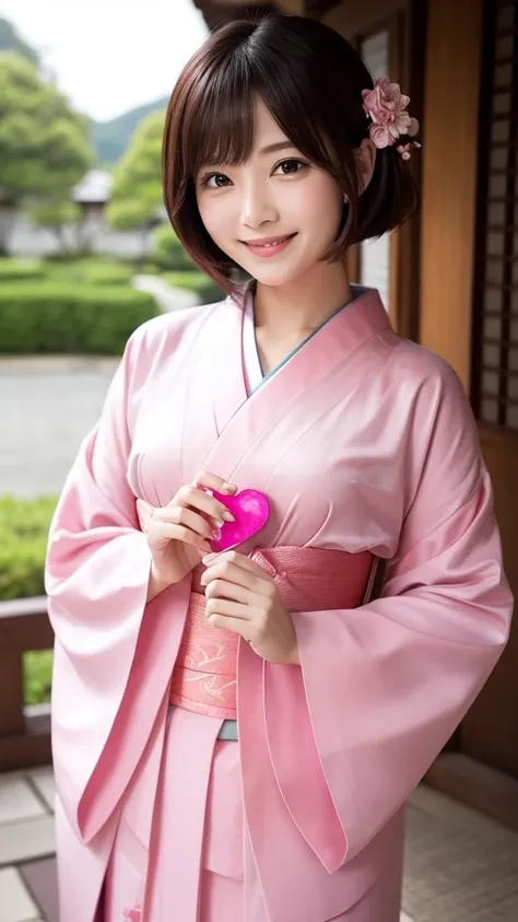 pink、kimono、Bob Hair、pinkの髪、Front facing、Holding a heart-shaped gemstone in hand、Smiling a little、背景はpinkの宇宙