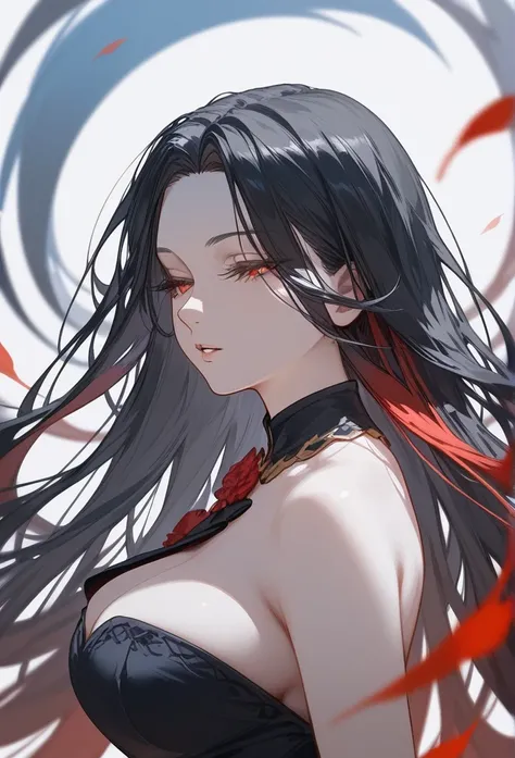 masterpiece, Score_9, Score_8_up, Score_7_up, rear view, 1 woman, alone, black hair, long straight hair, long parted bangs, golden and red eyes, slanted half-closed eyes, parted lips, expressionless, pale skin, large breasts, top body,  upper body
 Long op...