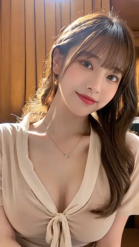 （The best product，High resolution，masterpiece：1.3），A sexy and beautiful Japan，slim body，（（side parted bangs，Brown hair，Fluffy wavy style））、Tie a ponytail、Beautiful and smooth G cup breasts、Show cleavage，wearing a pendant，（The background is an office ）,Deli...