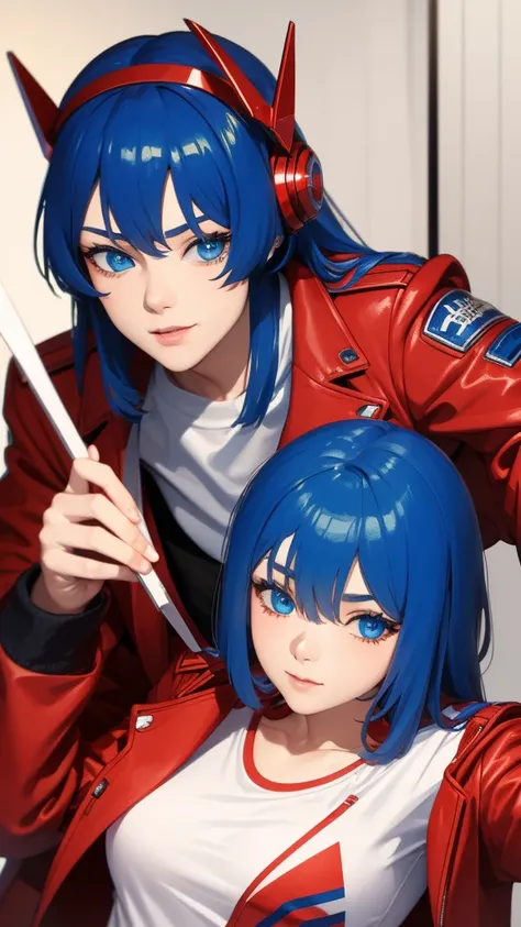 Optimus Prime human woman with red jacket and white shirt with blue hair and blue eyes 