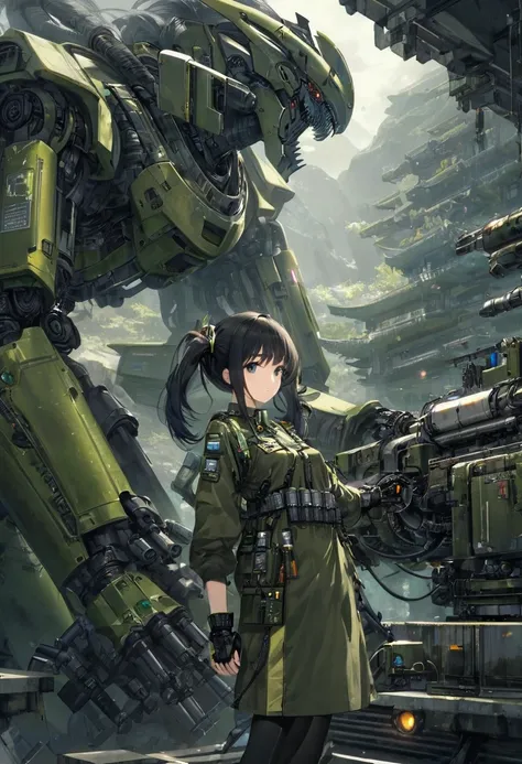 (best quality), Oriental detailed background, Science fiction,girl, long_twintails, Robotic Arm, war, monster, Technical clothing,, military uniform