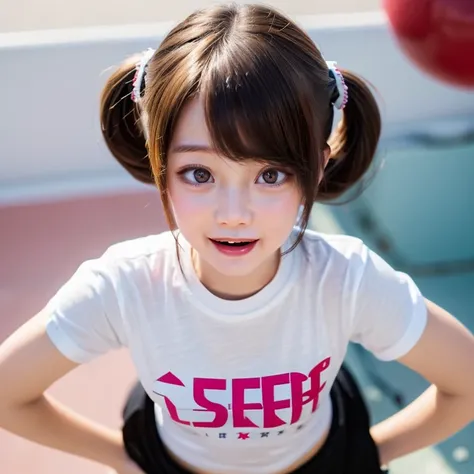 Bright Red in White, (Masterpiece 8K TopQuality:1.2) (ProfessionalPhoto:1.37) PUNIPUNI ExtremelyDetailed (((KAWAII girls in "Super Bitch" T-shirt:1.4))) from above