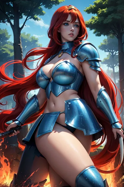 top-quality、ultra-detailliert、Blue eyes、Colossal tits、Red-haired、1 female、(((High-leg armor)))、micro bikini arm with Cleavage View、pony tail hairstyle、Has a huge sword、The background is the forest、Shynes.