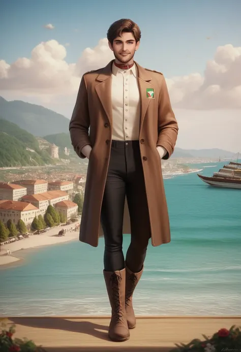 A 35 years old man, with a black pants,white social shirt, italian background, hands on the pocket, a brown jacket with a collar and buttons, brown jacket, clothes, very aesthetic jacket, clothing and boots, brown jacket,jacket, short brown jacket, brown j...