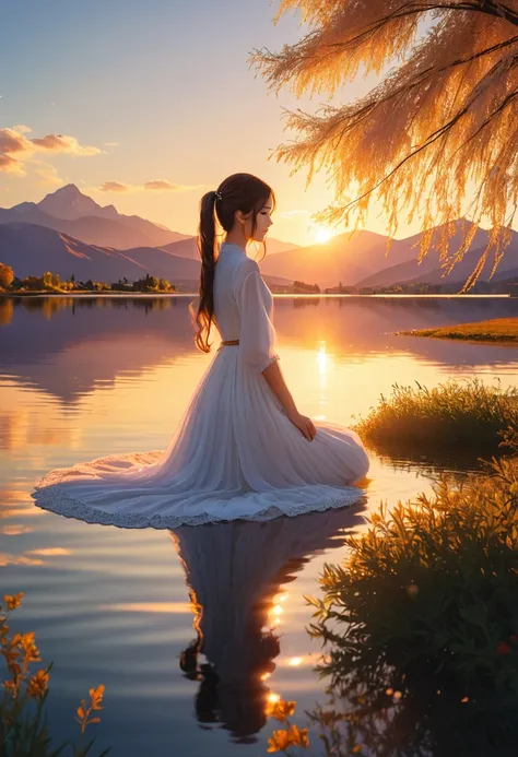 1 girl, Calm expression, Charming eyes, long_twintails, floating dress, Maintain a balanced posture, Porcelain skin, faint blush, Crystal PendantBREAK Golden Hour, (Rim Light):1.2, Warm colors, Solar flares, Soft shadows, Vibrant colors, Effect, A lake wit...