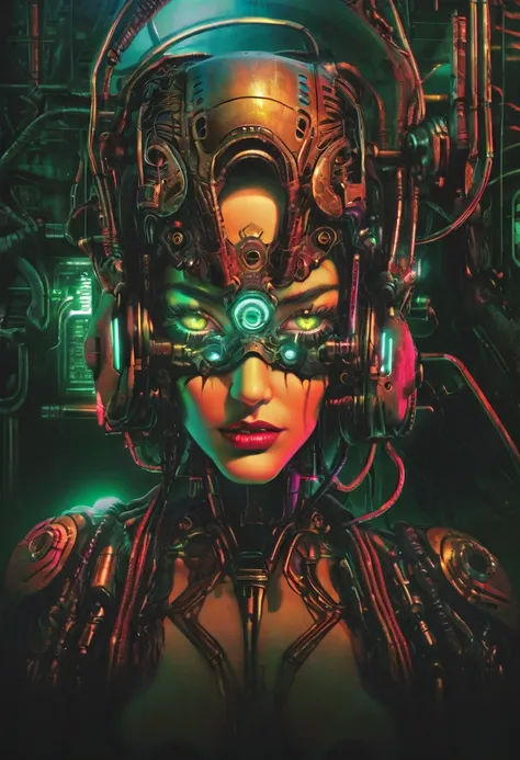 a sexy female cyborg, retro graphics, nsfw, magazine cover, poster art, Lovecraftian horror theme, bold huge text, matted design layout, intricate cyberpunk details, highly detailed face and eyes, flawless skin, metallic cyborg body parts, dark moody atmos...