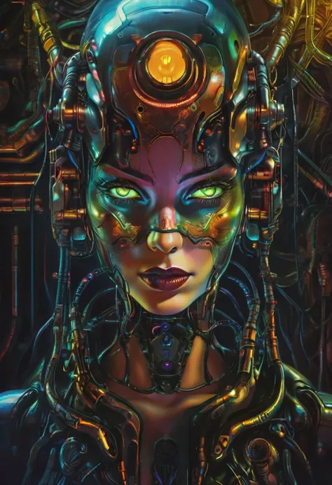 a sexy female cyborg, retro graphics, nsfw, magazine cover, poster art, Lovecraftian horror theme, bold huge text, matted design layout, intricate cyberpunk details, highly detailed face and eyes, flawless skin, metallic cyborg body parts, dark moody atmos...