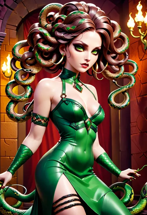 dark fantasy art a medusa having snake twin tails, a most beautiful medusa, reptilian eyes, pale skin, having twin snake braids, ((only two braids made from living snakes: 1.3)) on the medusa head, she wears intricate leather dress, thigh high heeled boots...